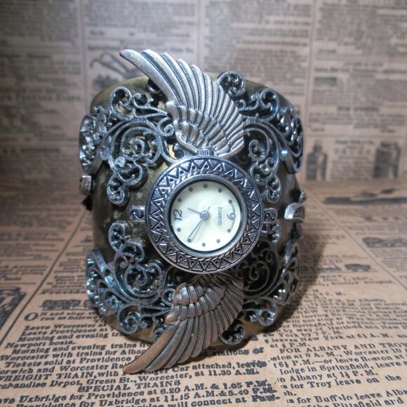 Steampunk Large Wrist Cuff Watch Face Wings Ornate Filigree Chunky Bracelet - Picture 5 of 15